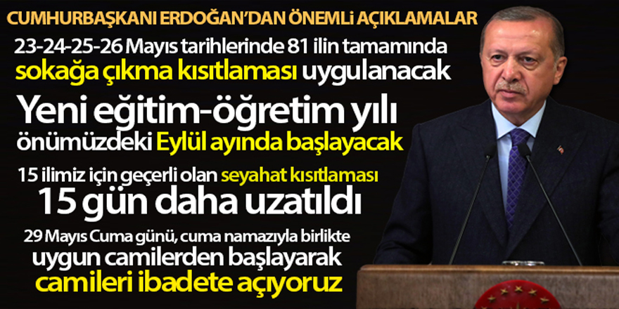 Cumhurbaşkanı Erdoğan: '23-24-25-26 Mayıs tarihlerinde 81 ilin tamamında sokağa çıkma kısıtlaması uygulanacak'