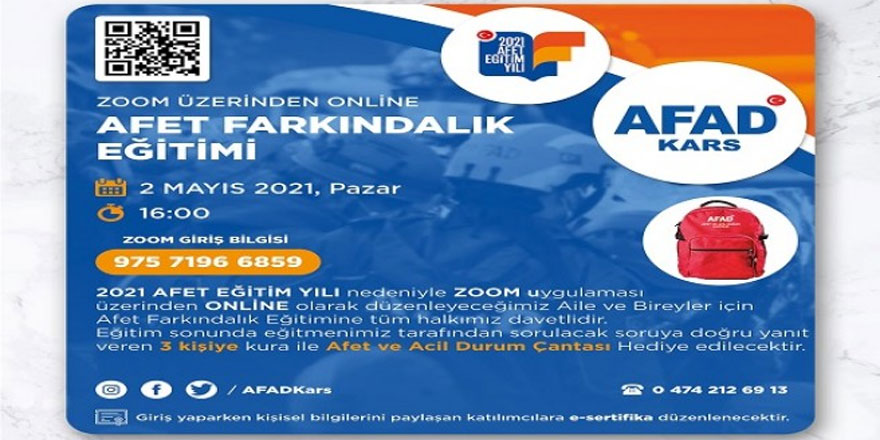 Kars AFAD, Zoom üzerinden online afet farkındalık eğitimi verecek