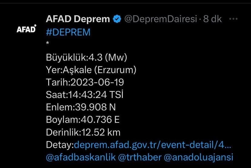 Erzurum’da 4,3 büyüklüğünde deprem