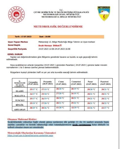 Meteorolojiden Elazığ için sıcaklık uyarısı