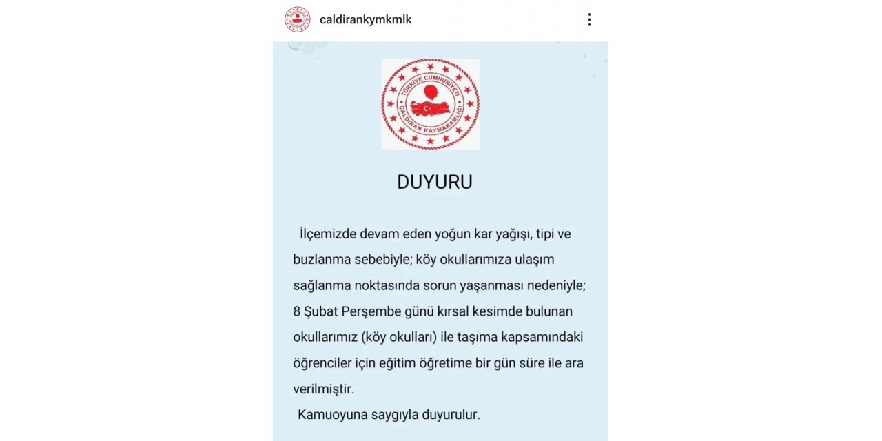 Çaldıran’da taşımalı eğitime 1 gün ara