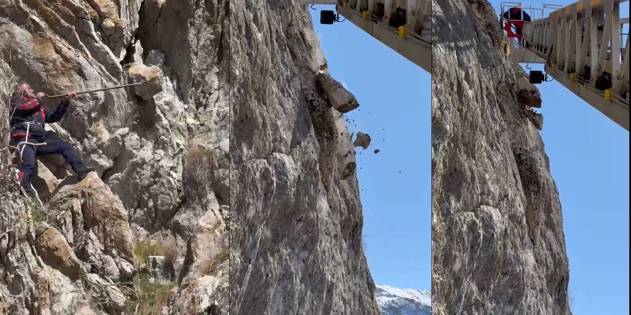 İtfaiye ekibi tehlikeli kayaları indirdi