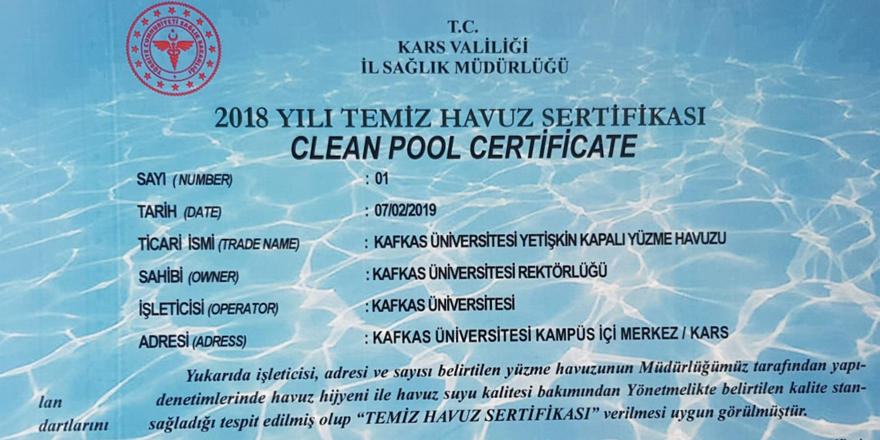 KAÜ Yüzme Havuzuna 'Temiz Havuz' Sertifikası