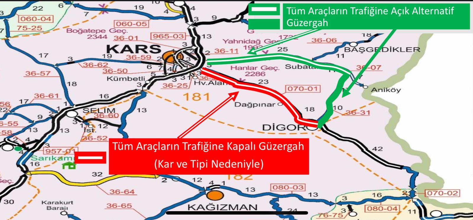 Kars-Digor Kara Yolu Kar ve Tipi Nedeniyle Kapanmıştı, Şimdi Ulaşıma Açıldı