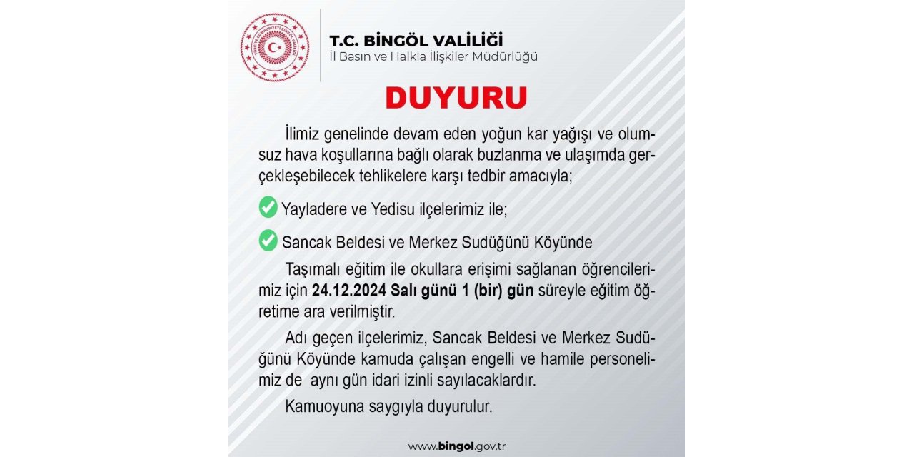 Bingöl’ün iki ilçesinde taşımalı eğitime 1 gün ara