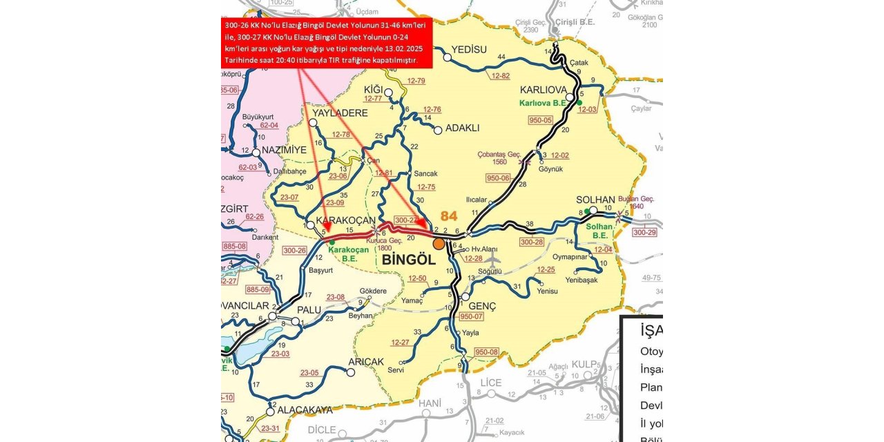 Bingöl-Elazığ yolu ulaşıma kapatıldı