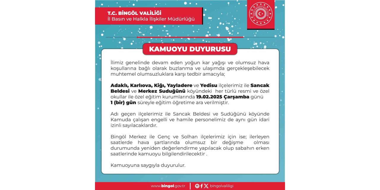 Bingöl’de okullara kar tatili