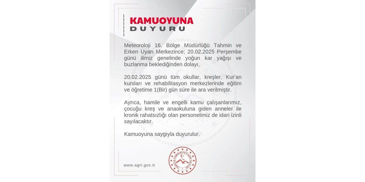 Ağrı’da yoğun kar nedeniyle eğitime ara verildi