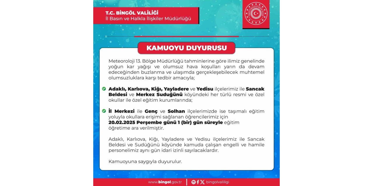 Bingöl’ün 5 ilçesinde okullara kar tatili