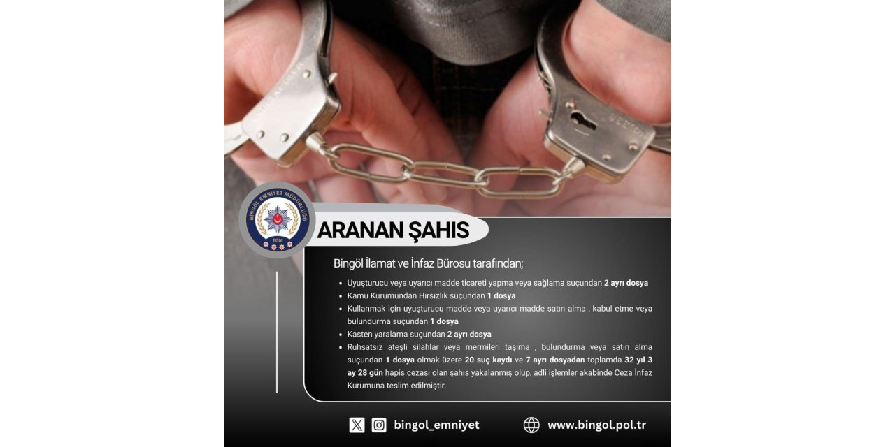 Bingöl’de 32 yıl kesinleşmiş hapis cezası bulunan şahıs yakalandı