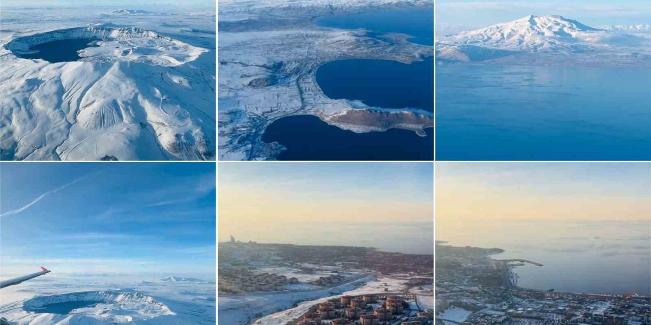 Beyaza bürünen Van Gölü Havzası havadan görüntülendi