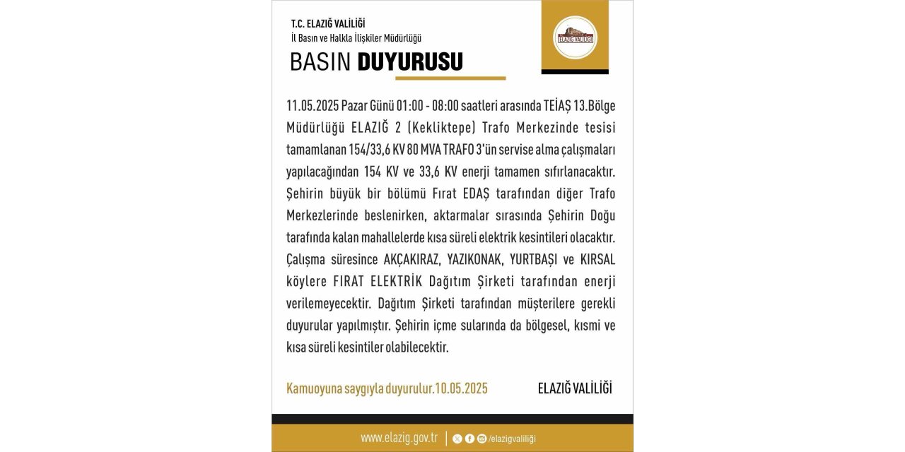 Elazığ’da elektrik kesintisi yaşanacak