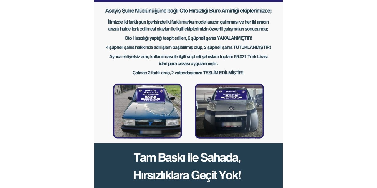 Bingöl’de oto hırsızlığı yapan 6 şüpheli yakalandı