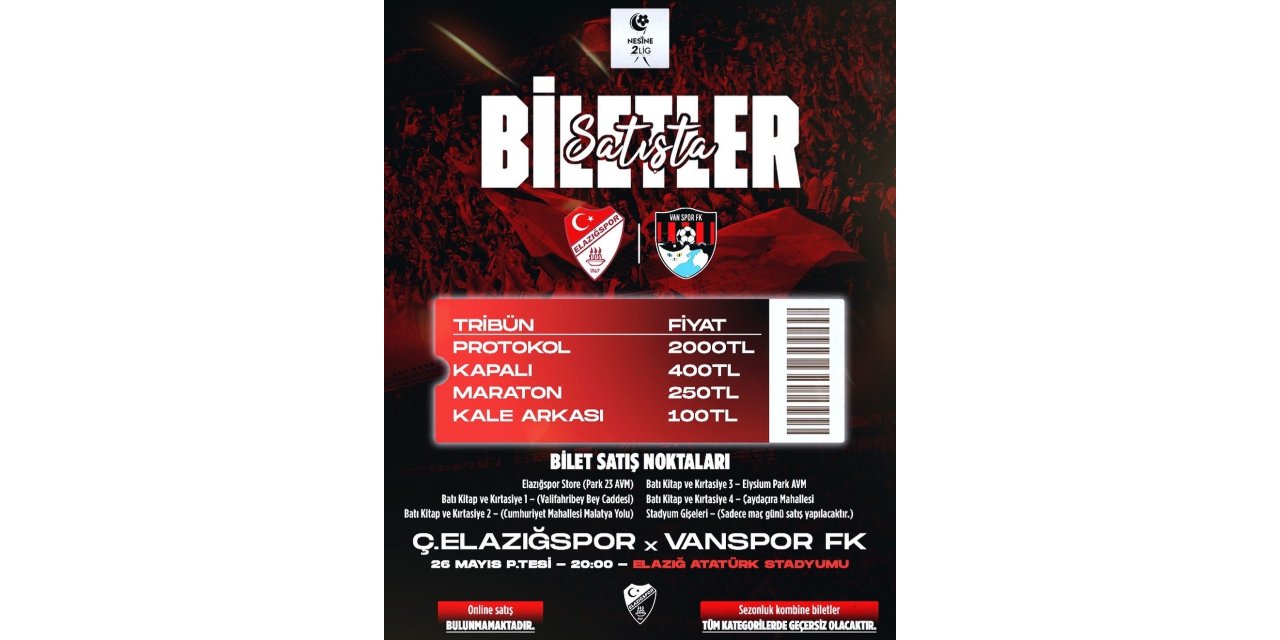 Elazığspor - Vanspor FK rövanş maçı biletleri satışta