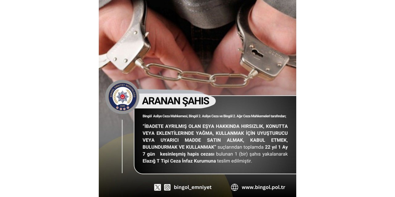 Bingöl’de kesinleşmiş hapis cezası ve araması bulunan 6 kişi yakalandı