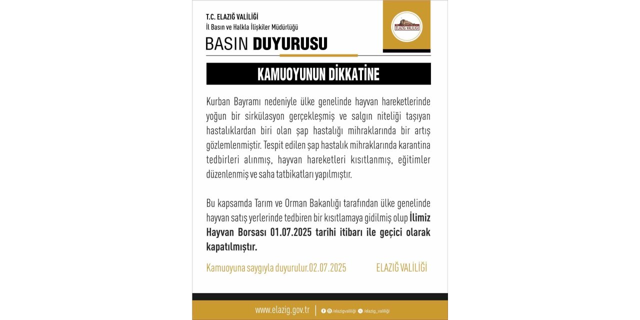 Elazığ Hayvan Borsası, şap tedbirleri kapsamında geçici olarak kapatıldı