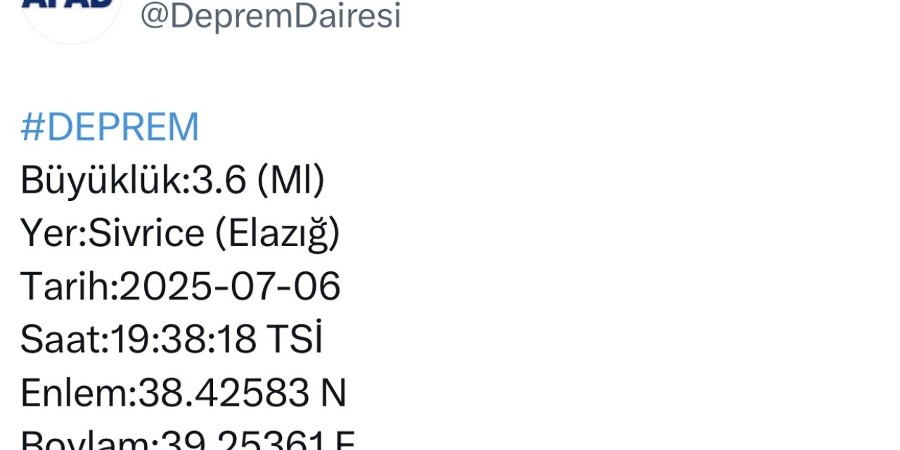 Elazığ’da 3.6 büyüklüğünde deprem