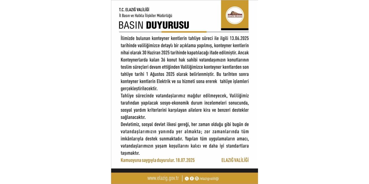 Elazığ’da konteyner kentlerde son tahliye tarihi 1 Ağustos