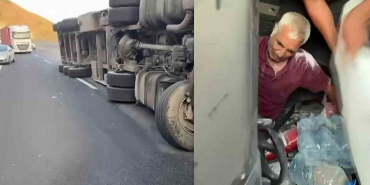 Devrilen tırda sıkışan sürücü vatandaşlar tarafından kurtarıldı