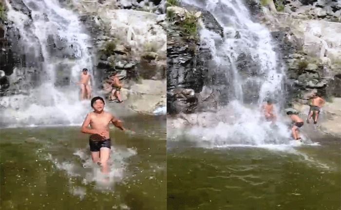 Kars'ta sıcaktan bunalan çocuklar şelalede serinledi