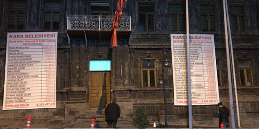 Kars Belediyesinin Nisan ayı gelir-gider tablosu binaya asıldı
