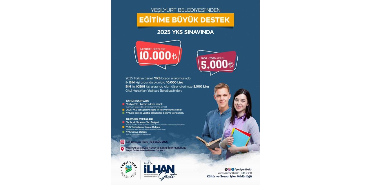 YKS’de ilk 2 bine giren öğrencilere Yeşilyurt’tan nakdi ödül