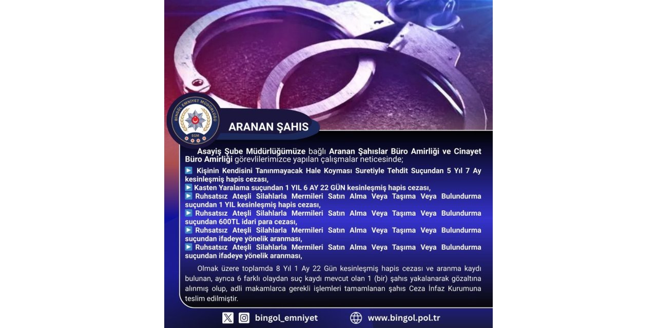 Bingöl’de kesinleşmiş hapis cezası bulunan şüpheli yakalandı