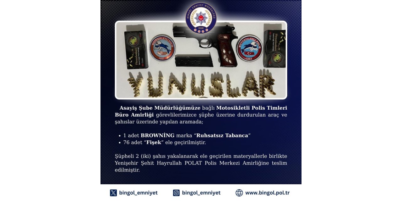 Bingöl’de ruhsatsız tabanca ele geçirildi