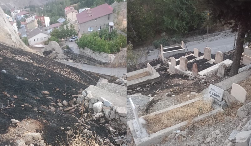 Anız yangınları mezarlıklara zarar veriyor