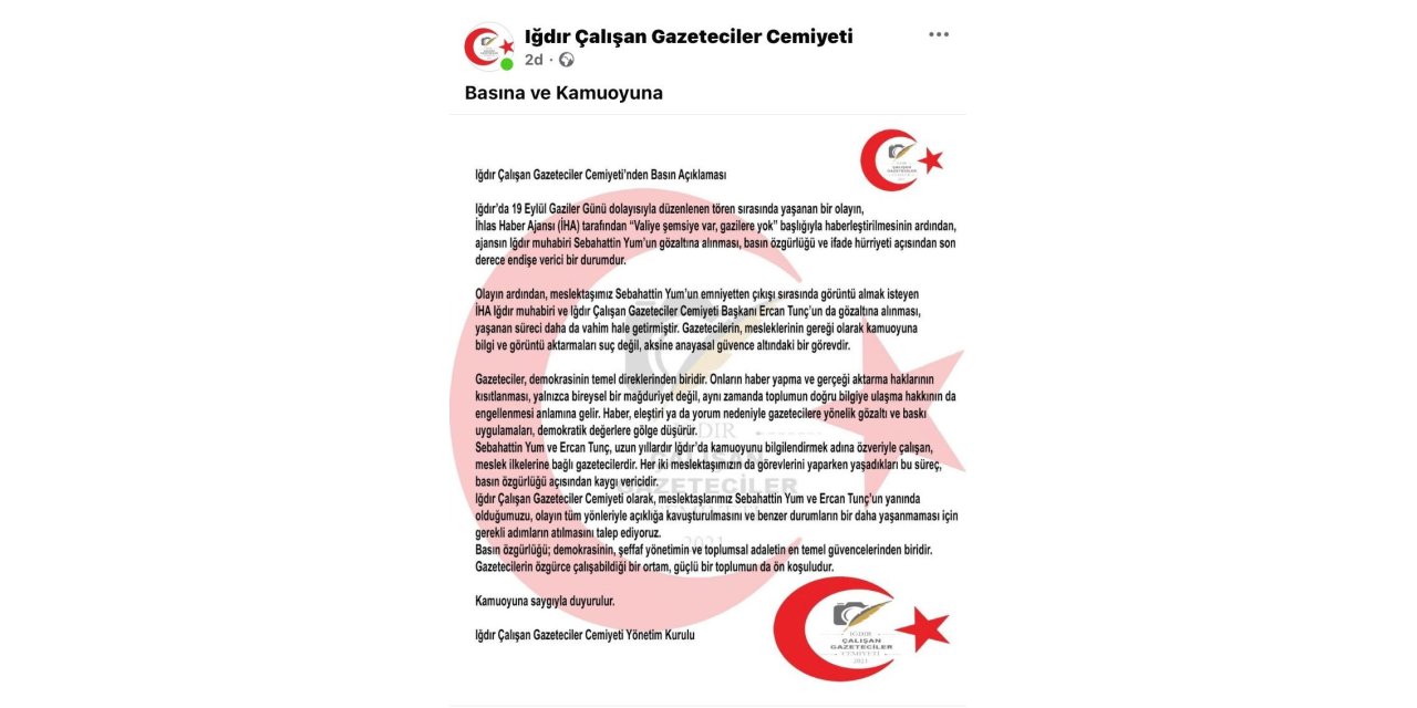 Iğdır Çalışan Gazeteciler Cemiyeti’nden iki gazetecinin gözaltına alınmasına tepki