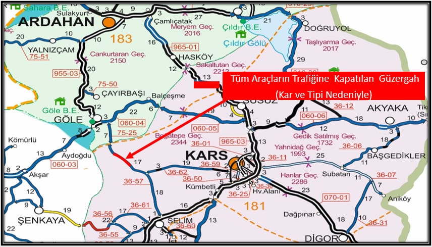 Kars–Ardahan kara yolu kar yağışı nedeniyle trafiğe kapatıldı