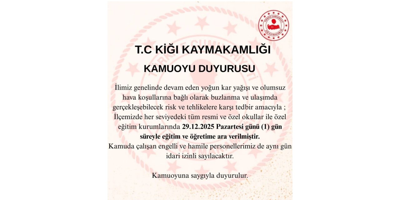 Bingöl’ün 2 ilçesinde eğitime 1 gün ara verildi