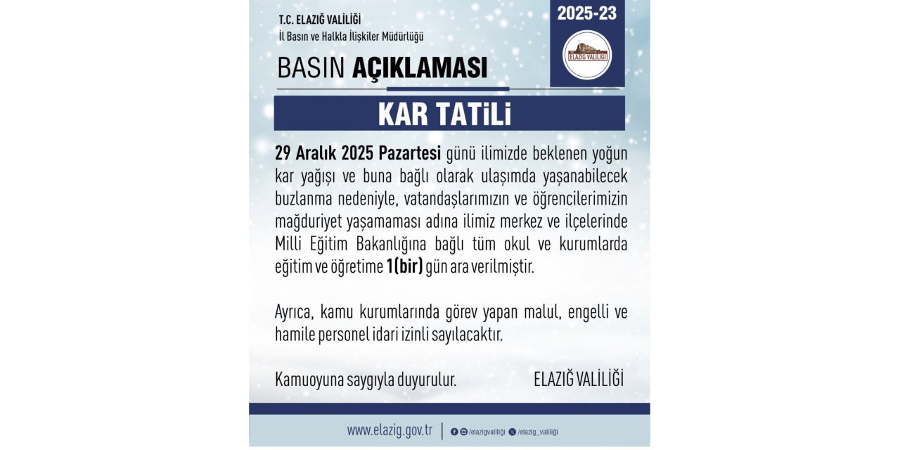 Elazığ’da eğitim-öğretime 1 gün ara verildi