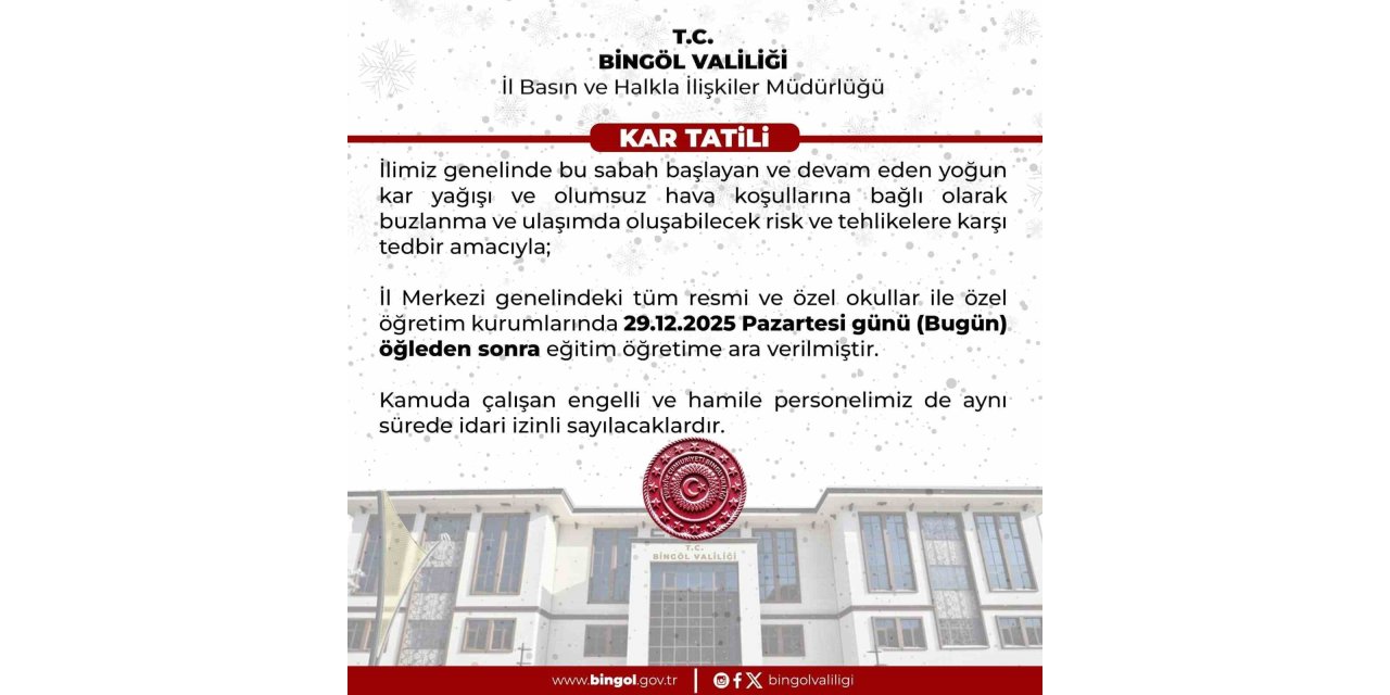 Bingöl’de eğitime 1 gün ara verildi
