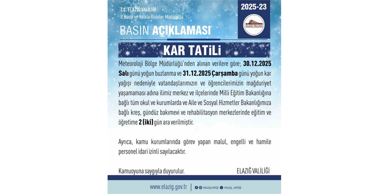 Elazığ’da eğitime 2 gün ara verildi