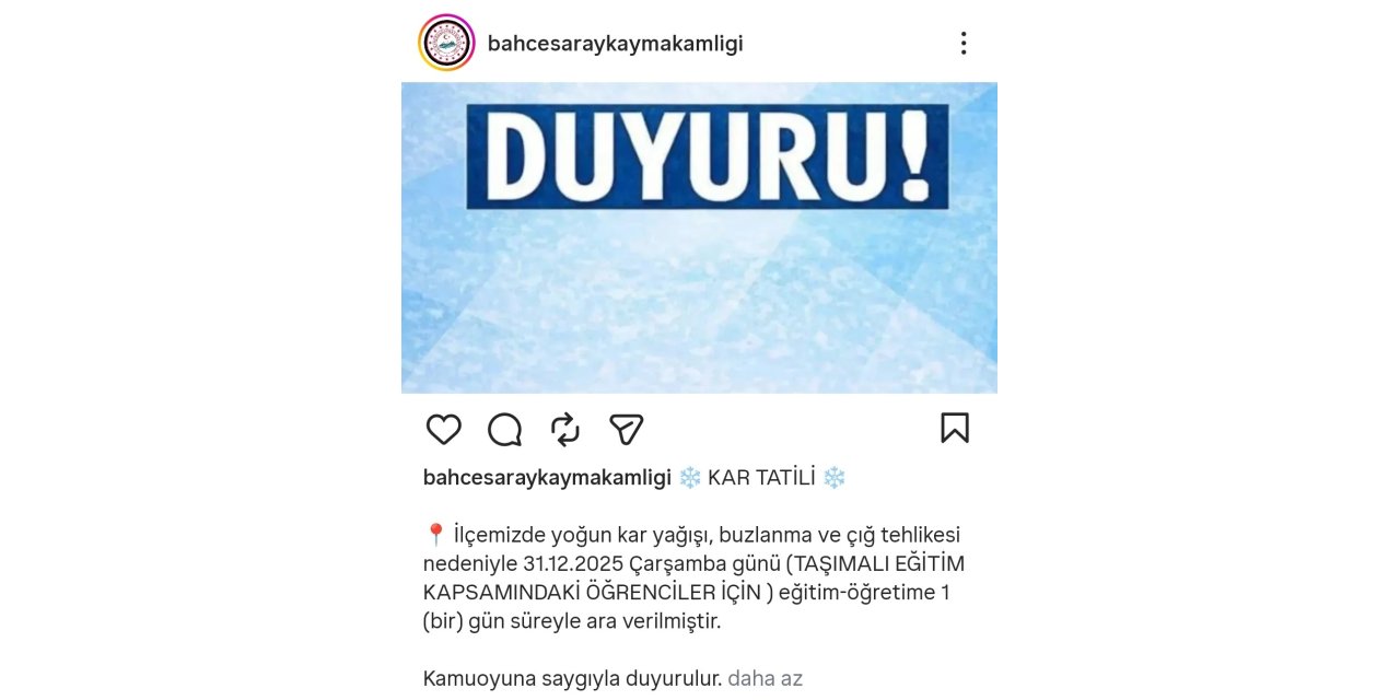 Bahçesaray’da taşımalı eğitime 1 gün ara