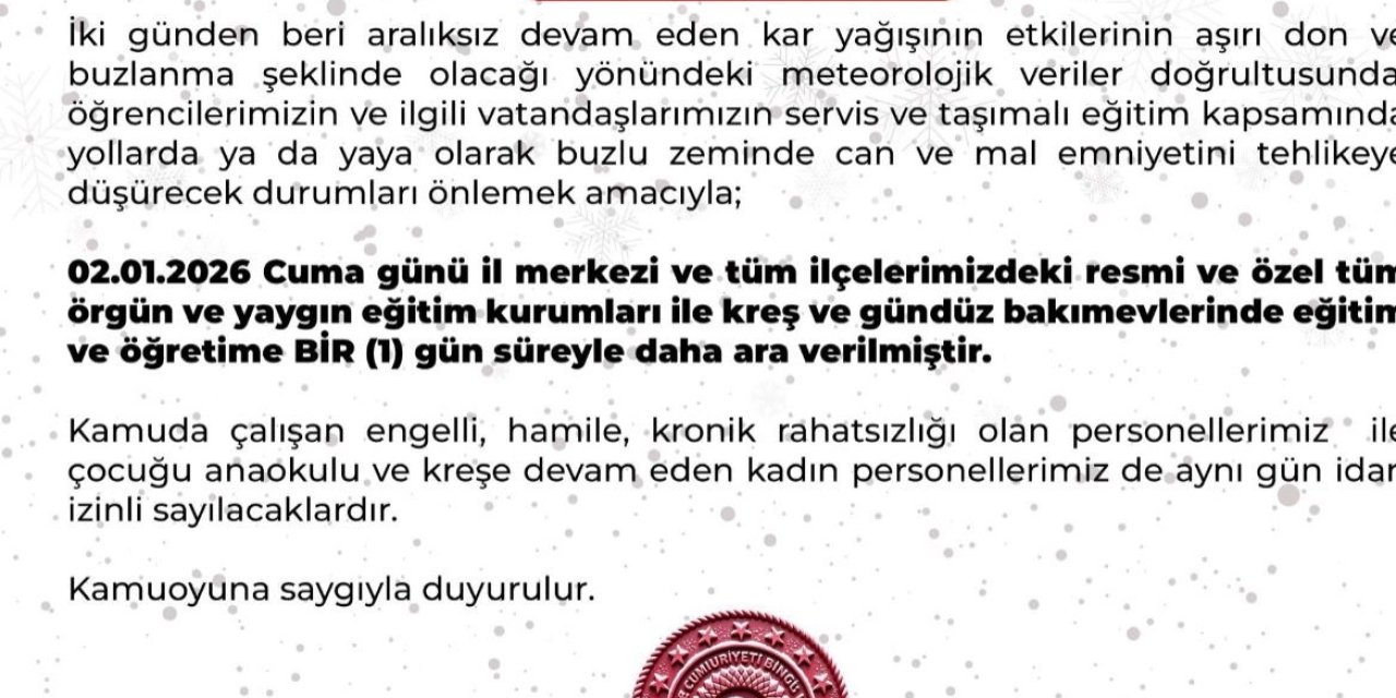 Bingöl’de eğiteme 1 gün ara verildi