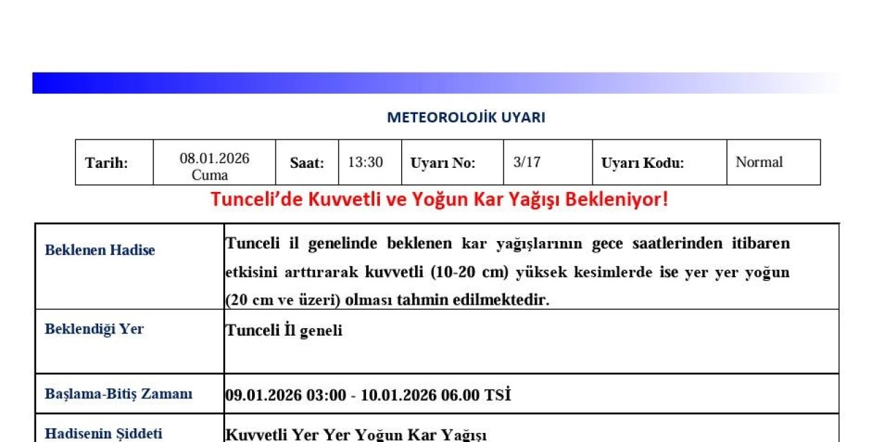 Tunceli için kuvvetli ve yoğun kar uyarısı