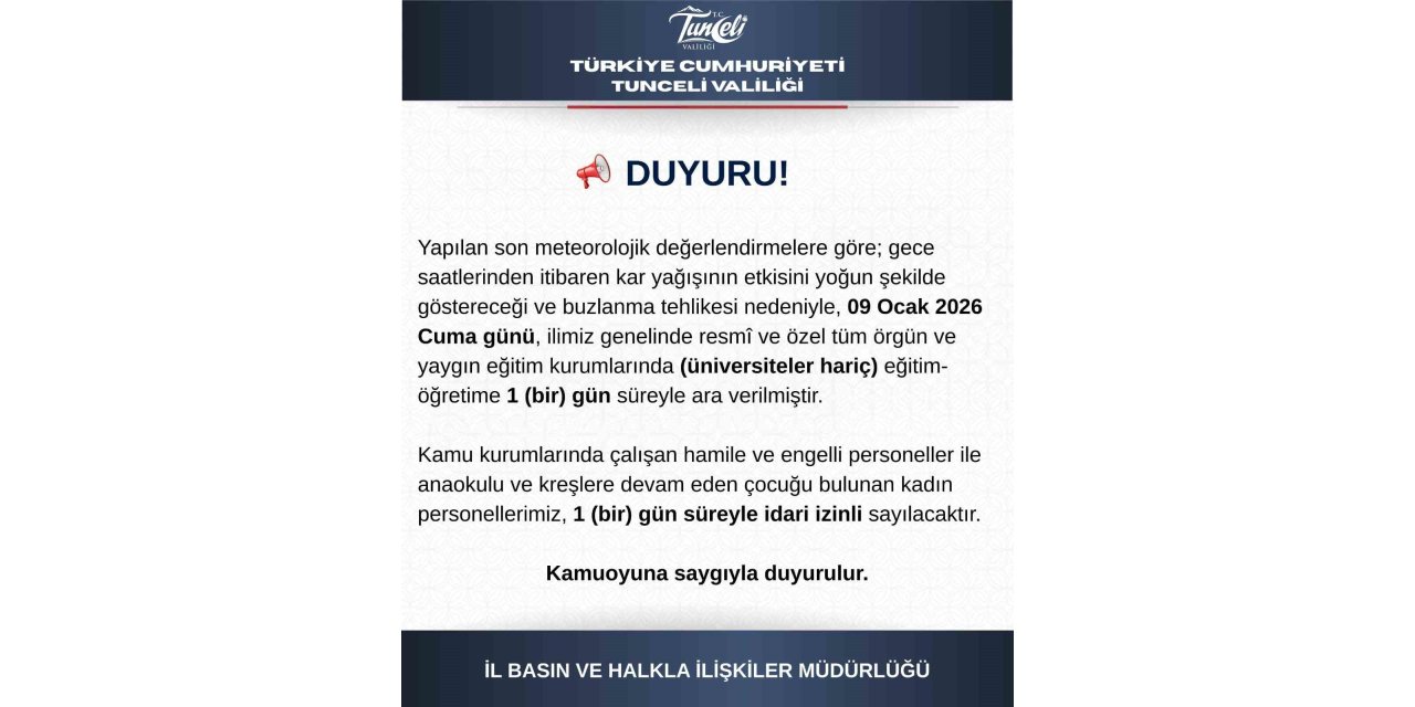 Tunceli’de eğitime 1 gün ara