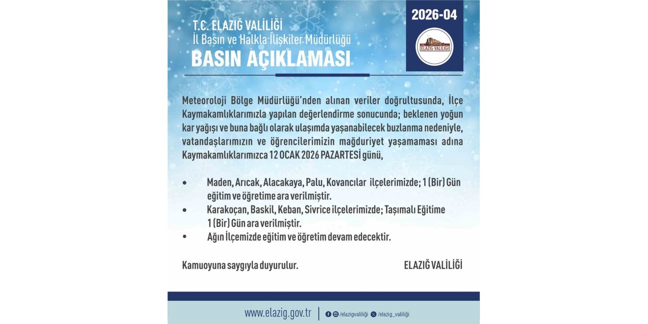 Elazığ’da 5 ilçede eğitim-öğretime ara verildi