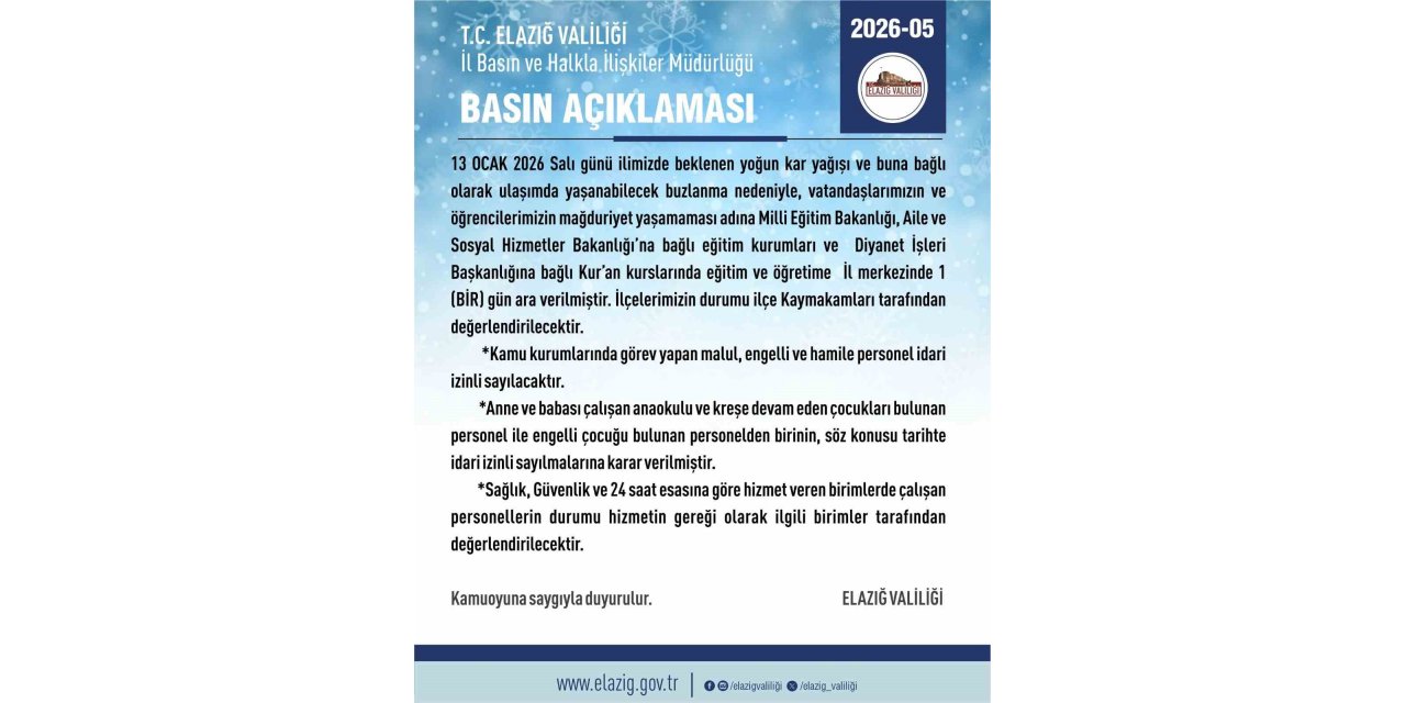 Elazığ’da eğitim-öğretime 1 gün ara verildi