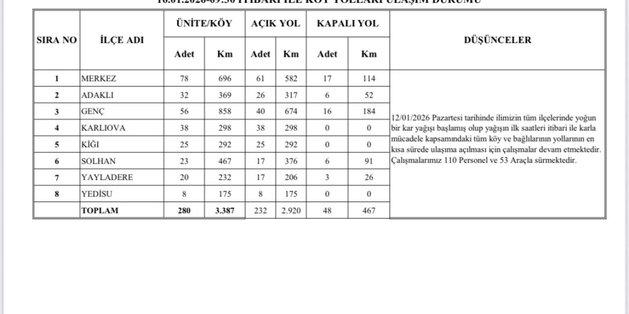Bingöl’de karla mücadele sürüyor: 232 köy yolu ulaşıma açıldı