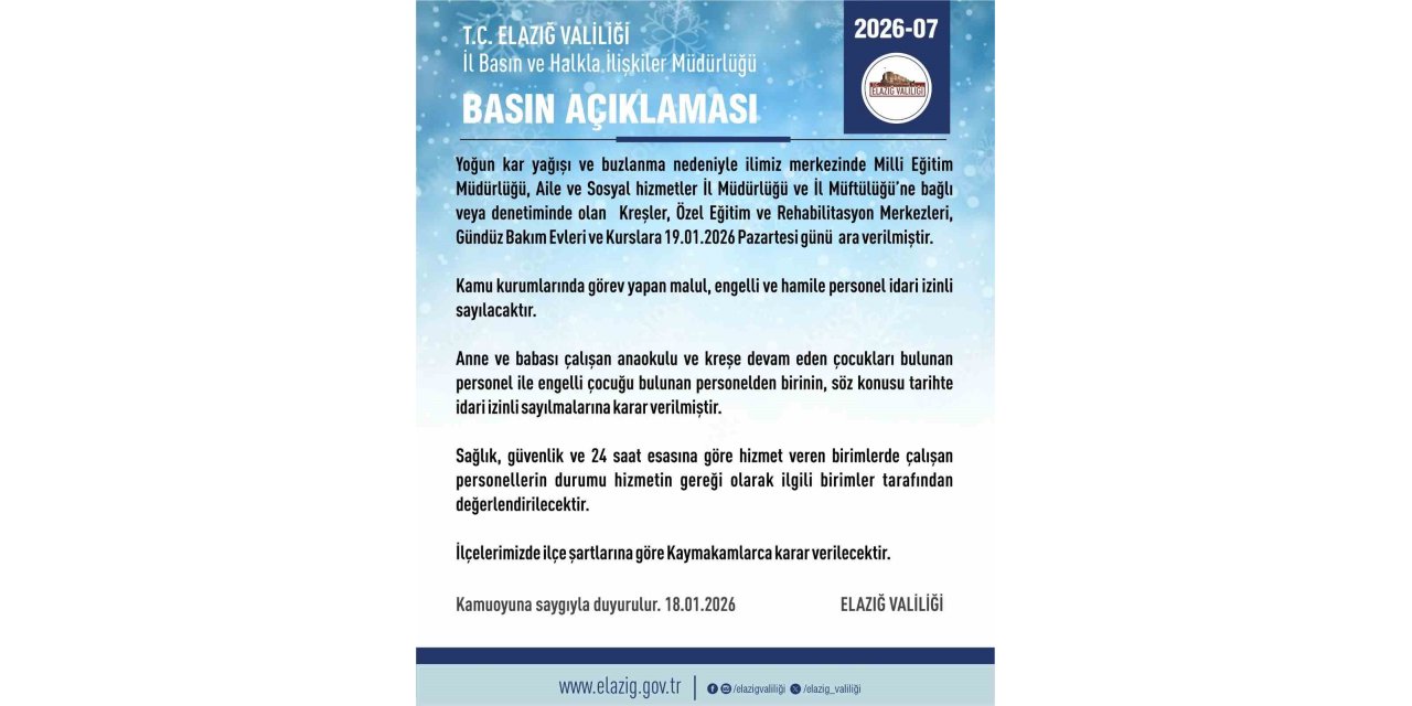 Elazığ’da rehabilitasyon ve bakımevi kurslarına kar tatili