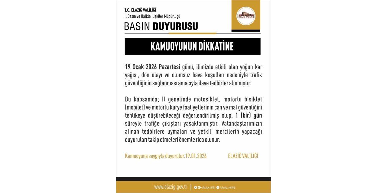 Elazığ’da  motosiklet, mobilet ve motorlu kuryelerin trafiğe çıkışları yasaklandı