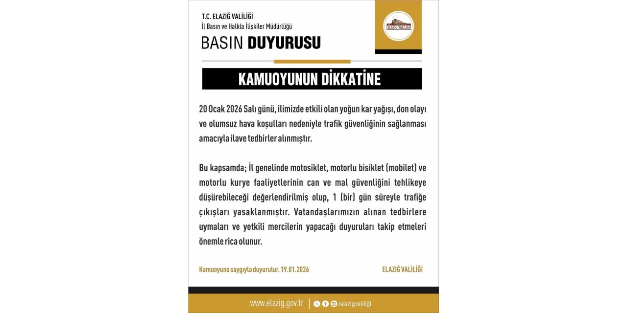 Elazığ’da motosiklet, mobilet ve motorlu kuryelerin trafik yasakları uzatıldı