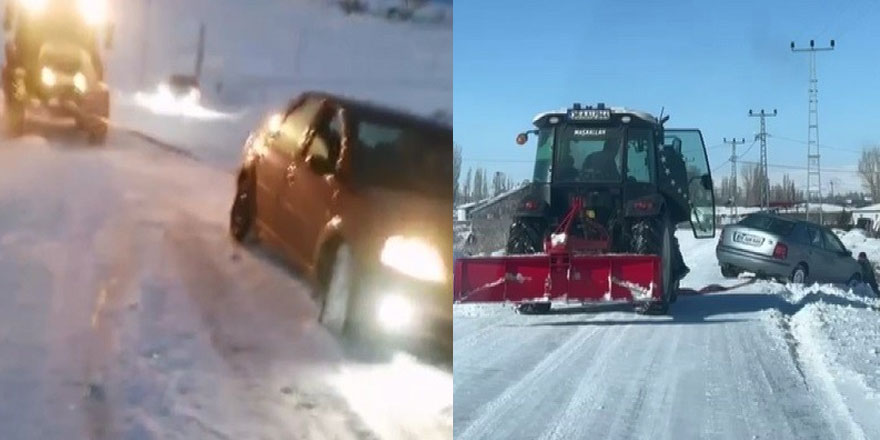 Kars’ta kara saplanan araçlar vatandaşlar tarafından kurtarıldı