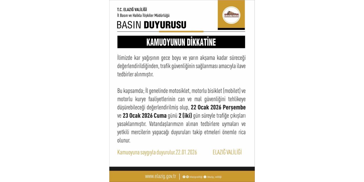 Elazığ’da motosiklet, mobilet ve motorlu kuryelerin trafiğe çıkışları yasaklandı