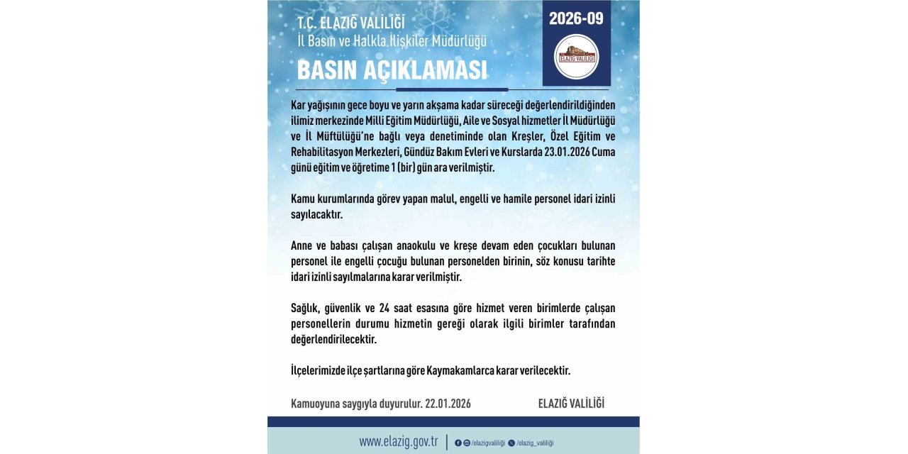 Elazığ’da rehabilitasyon ve bakımevi kurslarına kar tatili