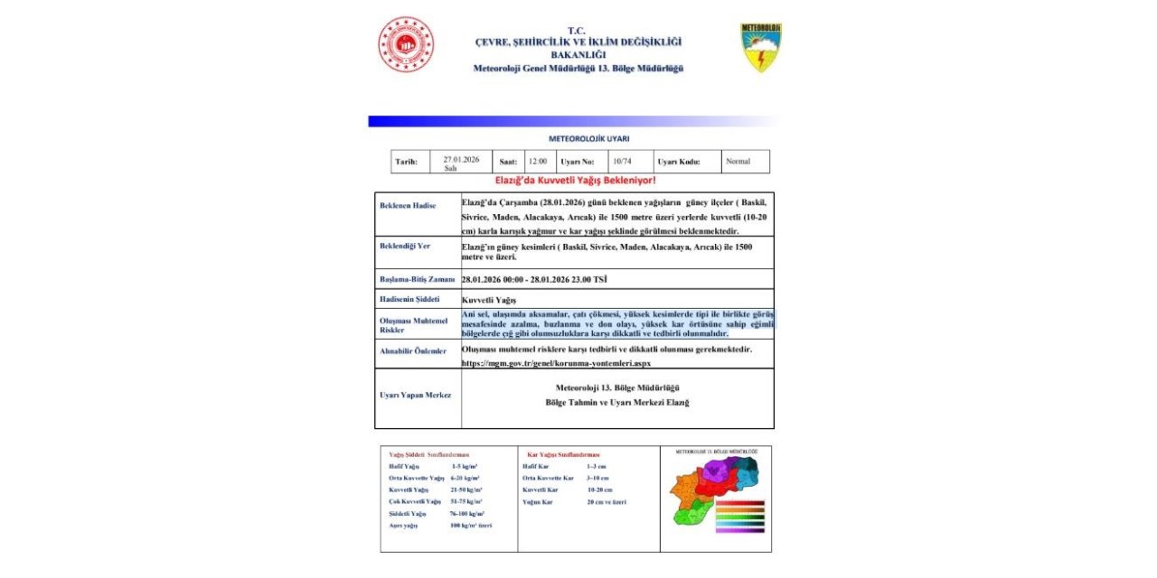 Meteorolojiden Elazığ’a kuvvetli kar uyarısı