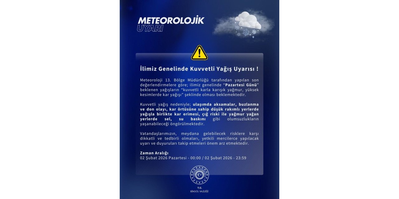 Meteorolojiden Bingöl için kuvvetli yağış uyarısı